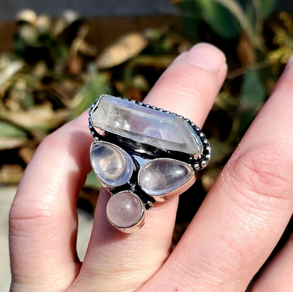 New Rose Quartz & Aura Quartz Crystal 925 Silver Ring. - Picture 5 of 13